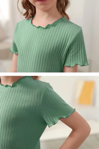 Vista 6 de GORLYA Paquete de 2 camisetas básicas lisas con ribete de lechuga para niñas, blusas casuales de punto acanalado para 4-14T