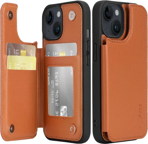Vista 15 de Arae Funda para iPhone 15 [6.1 pulgadas] - Funda tipo cartera con bolsillos para tarjetas de piel sintética con tapa trasera para iPhone 15 de 6.1