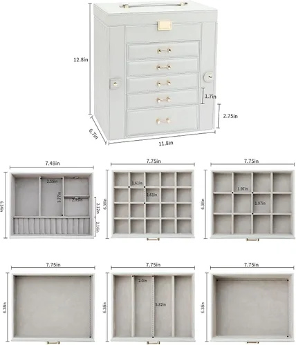 Vista 6 de V-LAFUYLIFE Joyero grande, organizador de joyas con 5 cajones, cajas de joyería de 6 niveles, organizador de joyas con espejo, cajas de joyería
