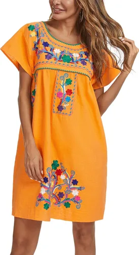Vista 4 de YZXDORWJ - Vestido mexicano bordado de manga corta para mujer