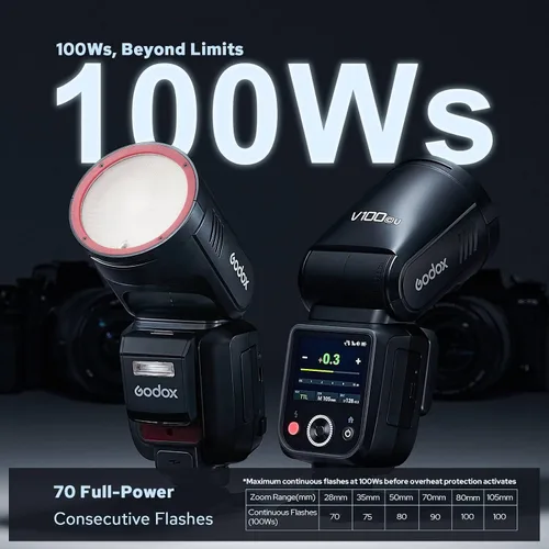 Vista 4 de Godox V100 V100-C Versión USA Flash para Canon, Speedlite de Pantalla Táctil 100Ws, Flash Auxiliar Desmontable, Batería de Carga USB-C, 2.4G