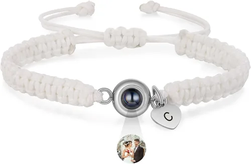 Vista 22 de Pulsera con inicial personalizada con imagen en el interior, cuerda de proyección de fotos personalizada para hombres y mujeres, regalo