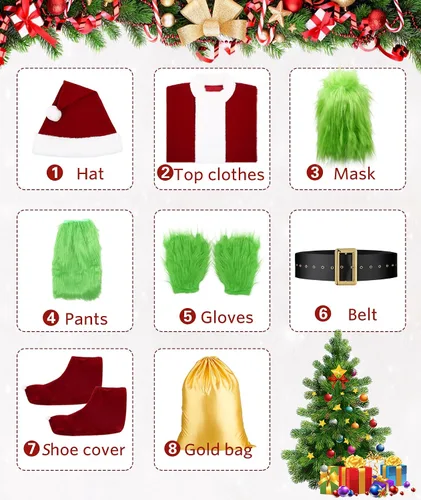 Vista 2 de Disfraz verde de Papá Noel para adultos, 8 piezas, disfraz de Papá Noel para adultos, Halloween, Navidad, disfraz de Papá Noel para hombres