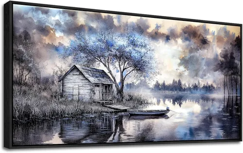 Vista 2 de ERQINHUA Arte de pared para sala de estar, lienzo decorativo de pared para dormitorio, oficina, decoración con árbol azul, paisaje junto al lago