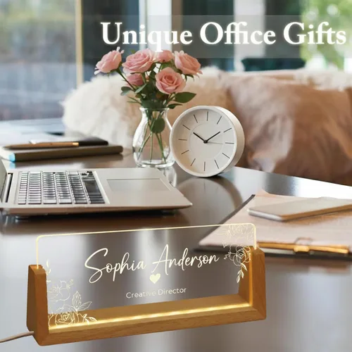 Vista 6 de Noni Placa de identificación LED personalizada para escritorio, placa de identificación de escritorio de acrílico iluminada con base de madera