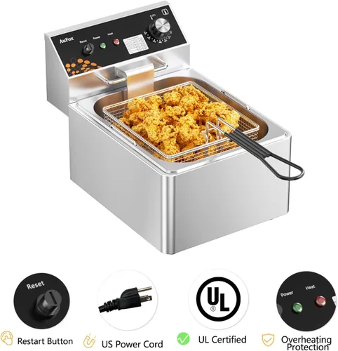 Vista 6 de Freidora Profunda Comercial 10.56Qt Freidoras de Encimera 1.0mm de Acero Inoxidable Grueso 1700W Freidora Eléctrica de Inmersión con Cesta