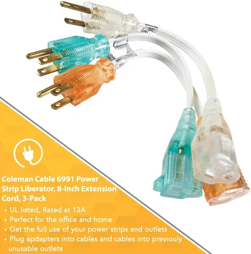Vista 4 de Coleman Cable 6991 16/3 3 unidades, 8 pulgadas. Hogar cubeta – Alargador de llave Cords, 6991