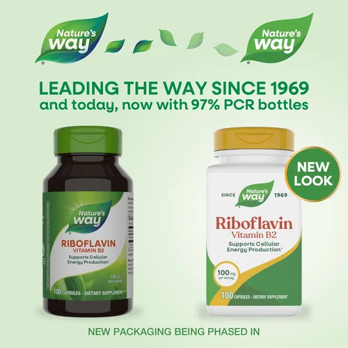 Vista 2 de Nature's Way Riboflavina Vitamina B2, Apoya la Producción de Energía Celular*, Riboflavina de Alta Potencia, 100 mg por porción, 100 cápsulas