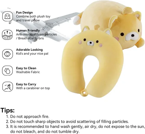 Vista 3 de Almohada de viaje para niños, almohada de cuello deformable 2 en 1 para niños, almohada suave en forma de U con adorable diseño de animales, cómodo