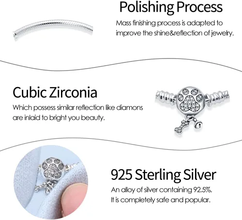 Vista 3 de KUNSIR Pulsera de cadena de serpiente de plata de ley 925 con circonita cúbica 5A, hebilla de garras linda compatible con dijes Pandora, pulseras
