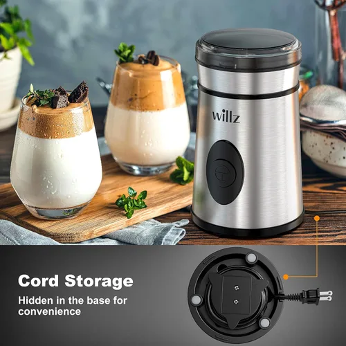 Vista 5 de Willz Molinillo de café eléctrico para granos de café, especias y hierbas con control de botón fácil de encendido/apagado, capacidad de molienda