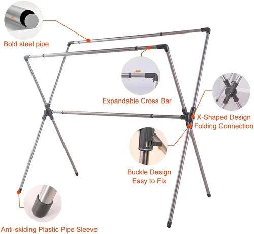 Vista 7 de BAOYOUNI Estante plegable de secado de ropa de acero inoxidable con doble poste, barras expandibles, ahorro de espacio, retráctil, resistente