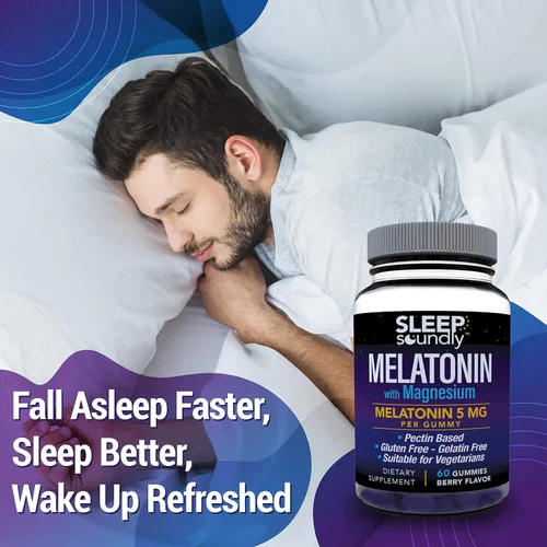 Vista 4 de Sleep Soundly Gomitas de melatonina y magnesio, melatonina de 5 mg, sin gluten, sin gelatina, 60 gomitas, morado, baya, 60