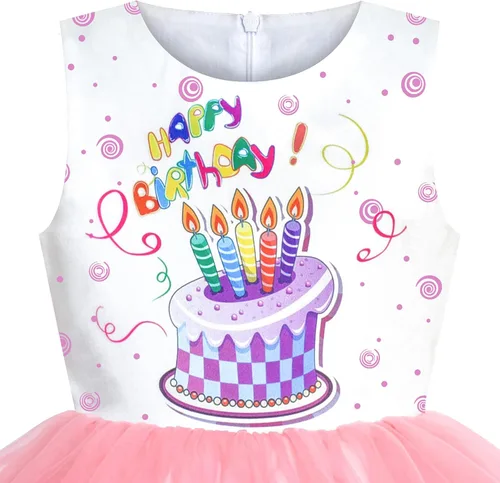 Vista 3 de Sunny Fashion Vestido de princesa con volados para niñas, con estampado de torta de cumpleaños