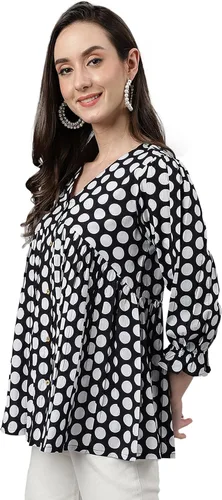 Vista 5 de Janasya Top Peplum de algodón negro con estampado de lunares para mujer india