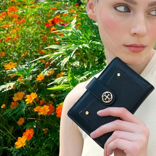 Vista 6 de Missnine Billetera pequeña para mujer RFID compacta cartera de cuero vegano plegable para mujer con tarjetero y monedero, Negro (Solid-Black)