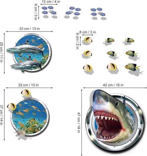 Vista 4 de Calcomanías de pared 3D con diseño de tiburón, peces tropicales, bricolaje, decoración artística para niños, dormitorio, sala