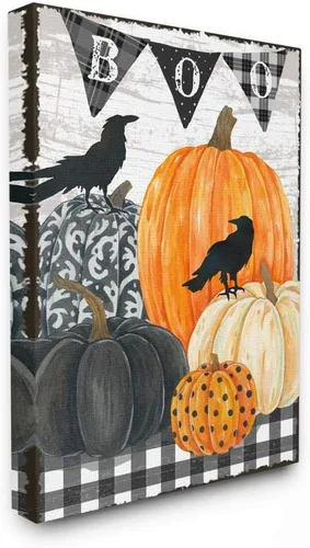 Vista 9 de Stupell Industries Fantástica escena de Halloween, mesa de granja, cuervos de calabaza, diseñado por Andrea Tachiera, arte de pared, 11 x 14, marco