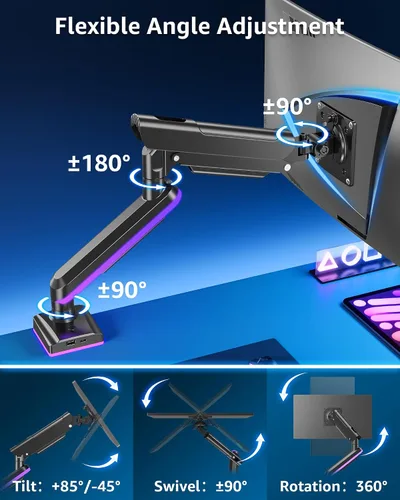 Vista 4 de MOUNTUP Brazo de monitor único RGB para 32, 27, 24, 22 pulgadas, soporta pantallas de 4.4 a 22 libras, soporte de monitor para escritorio con luces