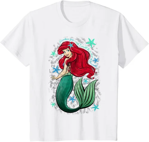 Vista 29 de Disney The Little Mermaid - Camiseta con notas musicales de Ariel, talla S Blanco