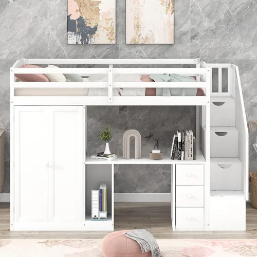 Vista 13 de Cama tipo loft de tamaño matrimonial con escaleras de almacenamiento Beige