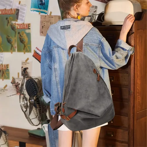 Vista 7 de KL928 Mochila vintage de lona – Mochila grande informal para viajes al aire libre, mochila de senderismo para hombres y mujeres, gris