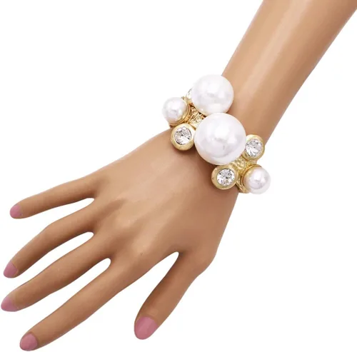 Vista 4 de Rosemarie & Jubalee - Pulsera de perlas de imitación extra grande para mujer, hecha para una declaración de sirena, brazalete con bisagra, Cristal