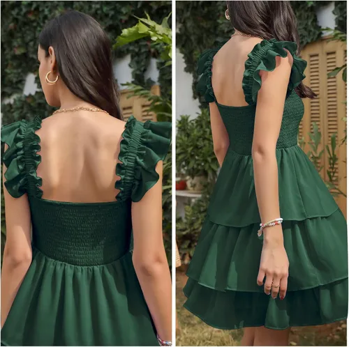 Vista 2 de Byinns Vestido corto sin mangas con cuello cuadrado para mujer, cintura alta, espalda descubierta, escalonado, con tirantes fruncidos, estilo casual