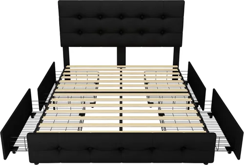 Vista 9 de TTVIEW Base de cama de tamaño completo con 4 cajones de almacenamiento y cabecera ajustable, cama plataforma tapizada con diseño de botones