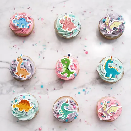 Vista 8 de Ercadio 40 piezas comestibles de dibujos animados de dinosaurios para cupcakes para bebida, decoración de tartas para temática de dinosaurios, baby