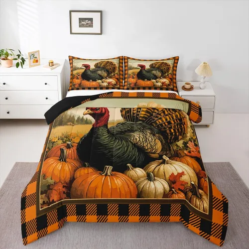 Vista 23 de Erosebridal Juego de edredón individual de pavo de Acción de Gracias, juego de ropa de cama de calabaza con hojas de otoño para niños y adultos