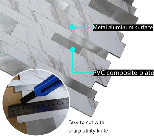 Vista 4 de XUANINY 10 hojas de azulejos metálicos despegar y pegar para protector contra salpicaduras, autoadhesivos de aluminio 3D, adhesivos de pared