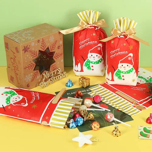 Vista 6 de HRX Package 50 bolsas de regalo de Navidad, 5.8x9x2.4 pulgadas, bolsas de golosinas con cordón de caramelos para regalos de comida, galletas de Rojo