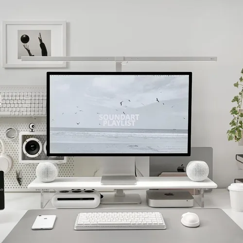 Vista 11 de Soporte elevador de bambú para monitor con luces RGB, estante de escritorio de 31.5 pulgadas con patas acrílicas para escritorio, monitor