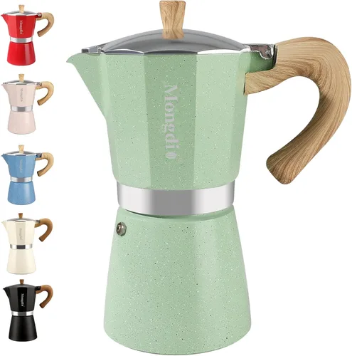 Vista 22 de Mongdio Cafetera de café expreso Moka Pot, cafetera cubana, cafetera de estufa Moka Italian Espresso Greca, cafetera percoladora, 3 tazas de Negro