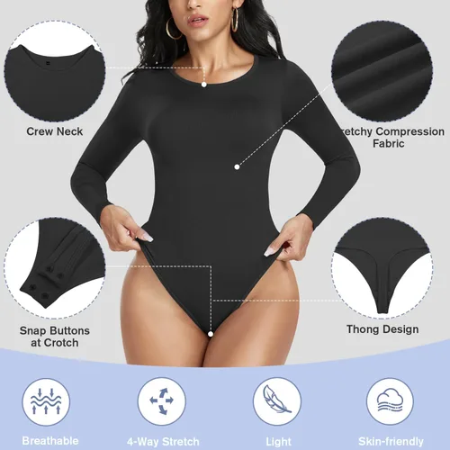 Vista 5 de Body moldeador para mujer, con control de abdomen, manga larga, tanga, bodycon, cuello redondo, moldeador de cuerpo, sin costuras, trajes corporales