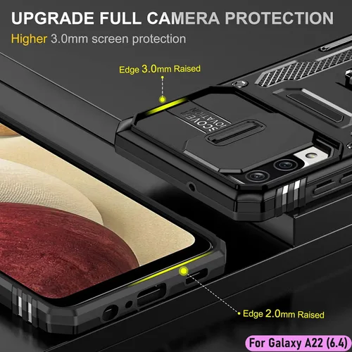 Vista 6 de Funda resistente para Samsung Galaxy A22 (4G), protector híbrido de goma de doble capa de grado militar con protector de cámara deslizante, soporte