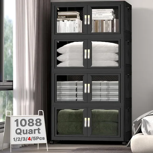 Vista 34 de Contenedor de almacenamiento apilable de 48 cuartos de galón con tapa, ruedas y puerta, organizador plegable de 12 galones para dormitorio, estudio