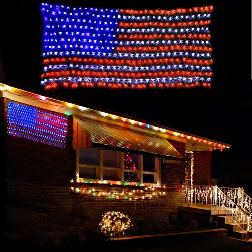 Vista 6 de Luces de red de bandera estadounidense, decoraciones del 4 de julio, 420 luces LED de bandera de Estados Unidos, adorno patriótico impermeable