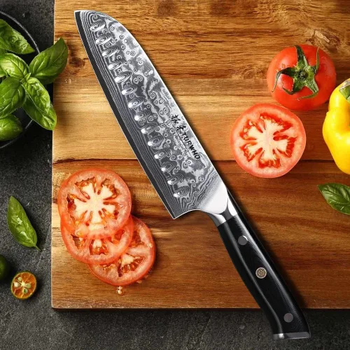 Vista 3 de TURWHO Cuchillo Santoku Profesional 7 pulgadas - Cuchillo de chef japonés clásico, patrón de damasco, acero VG-10