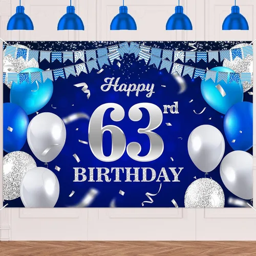 Vista 55 de Bandera de feliz primer cumpleaños con fondo azul marino, globos, confeti, bandera de rayas, luces de puntos, felicitaciones por el tema de 1 año