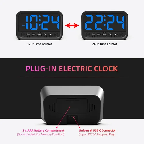 Vista 4 de Pequeño reloj digital LED para dormitorio, reloj despertador fuerte para adultos y adolescentes que duermen mucho Reloj de escritorio eléctrico