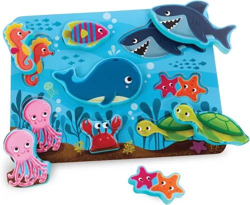 Vista 16 de B. toys Peek & Explore Wooden Chunky Puzzles, Farm Sea Dinos 3-Pack, 3 Pack
