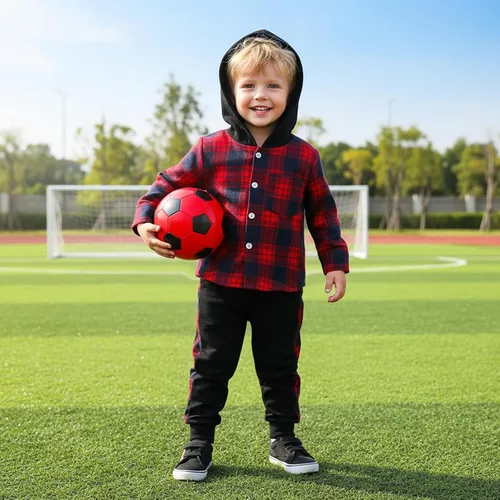 Vista 2 de Ropa para bebés y niños pequeños, conjuntos de otoño e invierno, con botones, camisa a cuadros con capucha y pantalones