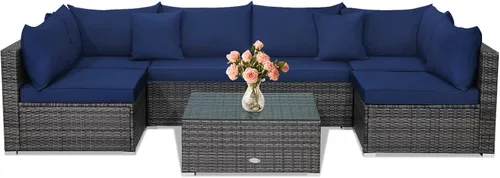 Vista 28 de Tangkula Juego de 2 sofás de mimbre para exteriores, sin brazos, juego de sofá modular de ratán para patio con 2 cojines de asiento gruesos y 2