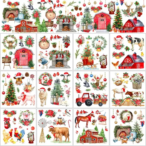 Vista 12 de BBTO 12 hojas de transferencia de Navidad para manualidades y muebles, calcomanías de transferencia de Navidad, calcomanías de invierno para madera