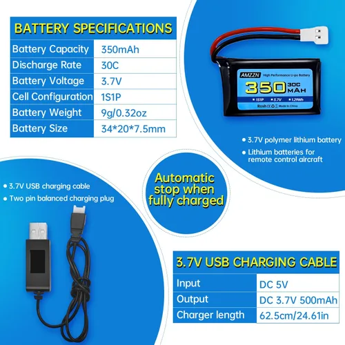 Vista 3 de 2 baterías Lipo de 3.7 V 350 mAh 1S con enchufe Molex y USB para Syma X11C WLToys V911S RC Drone, XK A150 BF-109 FX651 FX621 Z60 Jet F-16 F-22 F-35