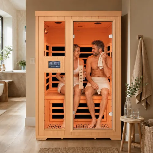 Vista 11 de Sala de sauna de infrarrojo lejano de 1350W para el hogar, sauna de madera canadiense de Hemlock de calentamiento rápido bajo EMF, luz de sauna que