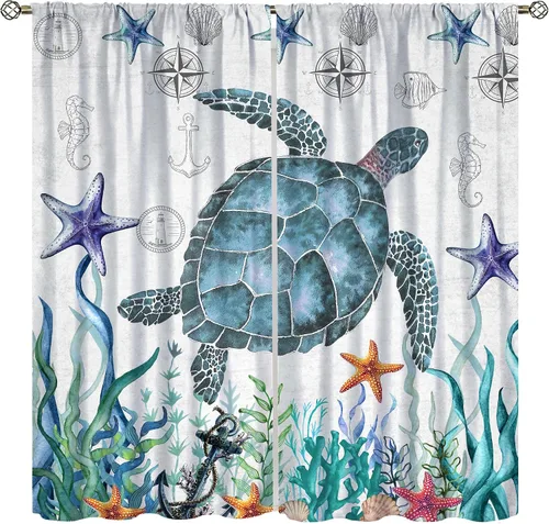 Vista 9 de Cortinas de decoración de playa con océano azul, peces náuticos costeros playeros de verano, conchas marinas, temática infantil, dormitorio, sala