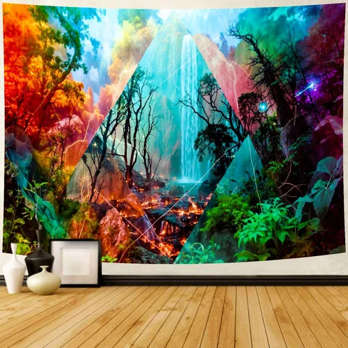 Vista 7 de Delur Tapiz de bosque con diseño de árbol de la vida, bosque tropical, para colgar en la pared, colorido paisaje místico, cabecero psicodélico